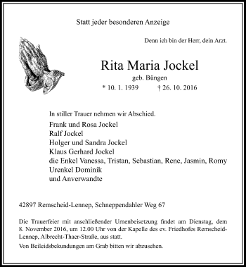Traueranzeige von Rita Maria Jockel von Rheinische Post