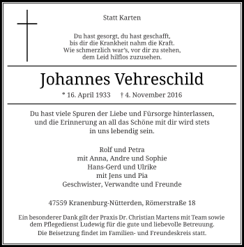 Traueranzeige von Johannes Vehreschild von Rheinische Post