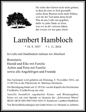 Traueranzeige von Lambert Hambloch von Rheinische Post