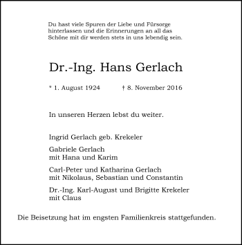 Traueranzeige von Hans Gerlach von Rheinische Post
