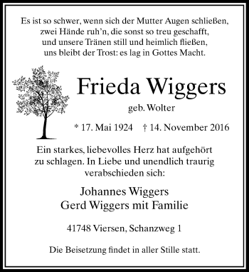 Traueranzeige von Frieda Wiggers von Rheinische Post