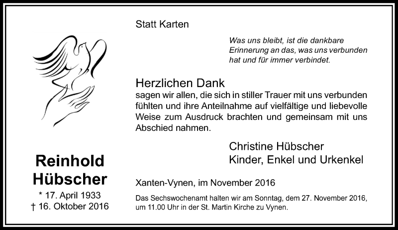 Traueranzeige für Reinhold Hübscher vom 23.11.2016 aus Rheinische Post