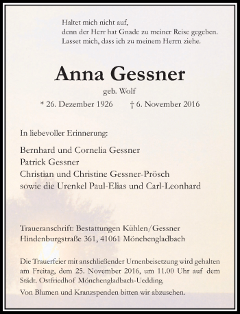 Alle Traueranzeigen für Anna Gessner | trauer.rp-online.de