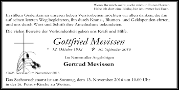 Traueranzeige von Gottfried Mevissen von Rheinische Post