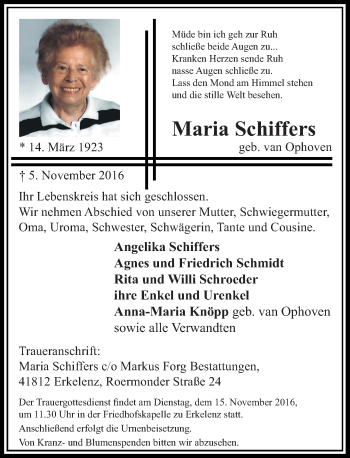 Traueranzeige von Maria Schiffers von Rheinische Post