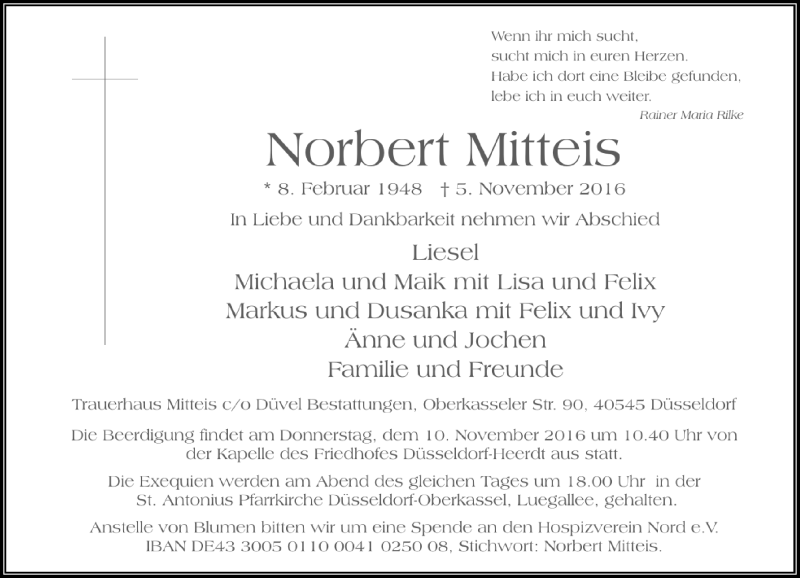  Traueranzeige für Norbert Mitteis vom 08.11.2016 aus Rheinische Post