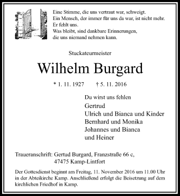 Traueranzeige von Wilhelm Burgard von Rheinische Post