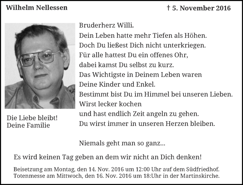  Traueranzeige für Wilhelm Nellessen vom 12.11.2016 aus Rheinische Post