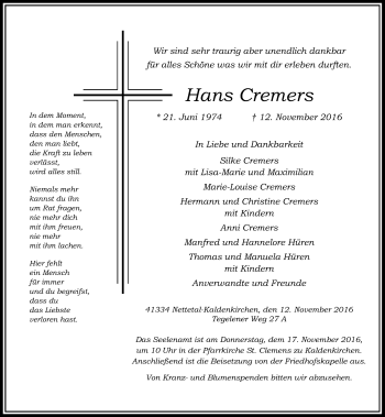 Traueranzeige von Hans Cremers von Rheinische Post
