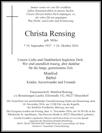 Traueranzeige von Christa Rensing von Rheinische Post