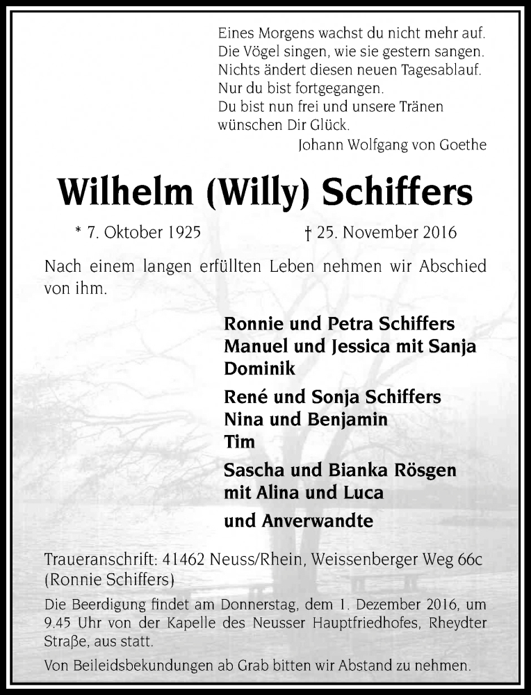  Traueranzeige für Wilhelm Schiffers vom 29.11.2016 aus Rheinische Post