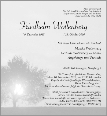 Traueranzeige von Friedhelm Wollenberg von Rheinische Post