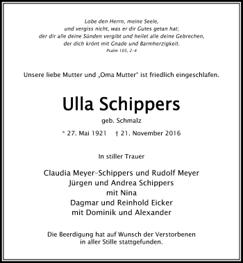 Traueranzeige von Ulla Schippers von Rheinische Post