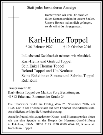 Traueranzeige von Karl-Heinz Toppel von Rheinische Post