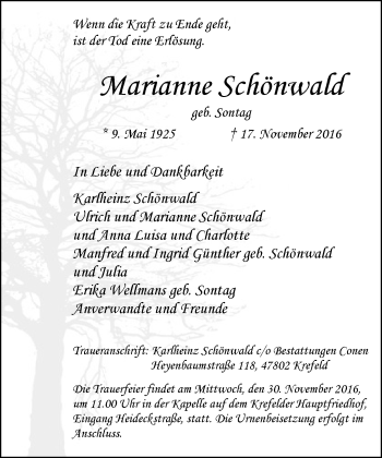 Traueranzeige von Marianne Schönwald von Rheinische Post