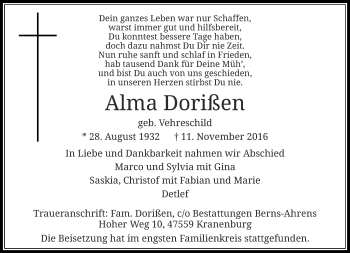 Traueranzeige von Alma Dorißen von Rheinische Post