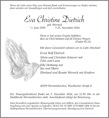 Traueranzeige von Eva Christine Dietrich von Rheinische Post