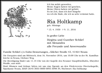 Traueranzeige von Ria Holtkamp von Rheinische Post