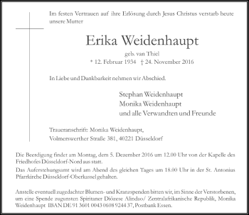 Traueranzeige von Erika Weidenhaupt von Rheinische Post