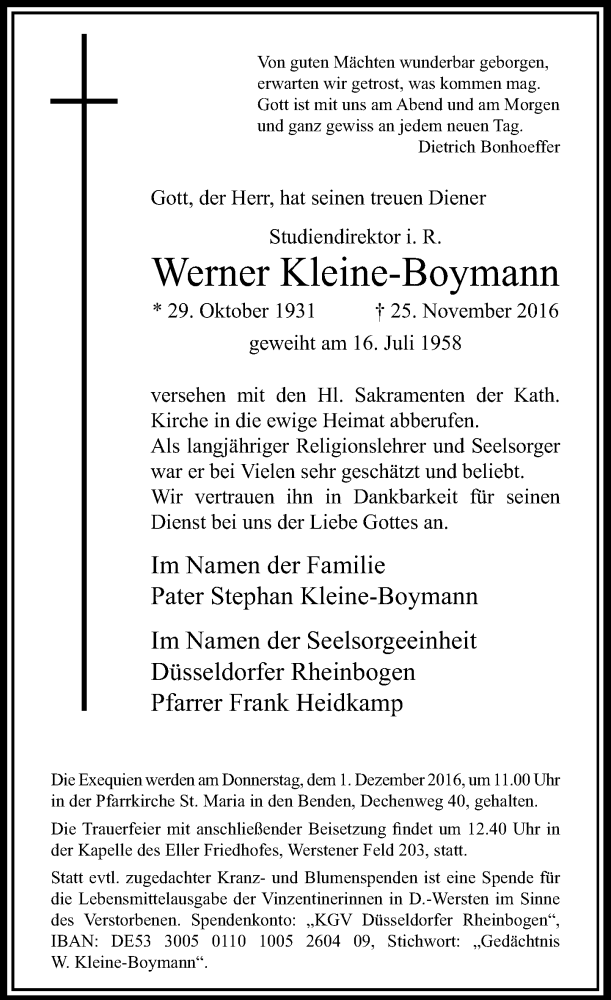  Traueranzeige für Werner Kleine-Boymann vom 29.11.2016 aus Rheinische Post
