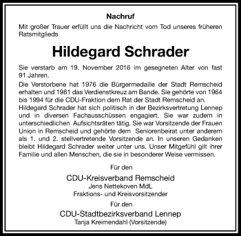 Traueranzeige von Hildegard Schrader von Rheinische Post