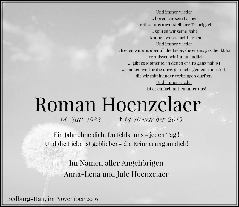  Traueranzeige für Roman Hoenzelaer vom 14.11.2016 aus Rheinische Post