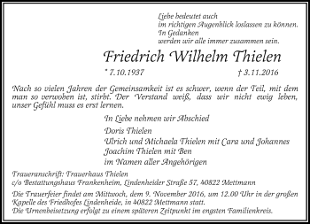 Traueranzeige von Friedrich Wilhelm Thielen von Rheinische Post