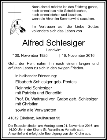 Traueranzeige von Alfred Schlesiger von Rheinische Post