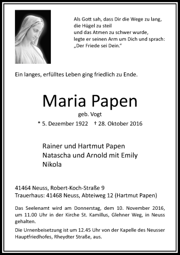 Traueranzeige von Maria Papen von Rheinische Post