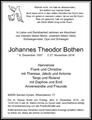 Traueranzeige von Johannes Theodor Bothen von Rheinische Post