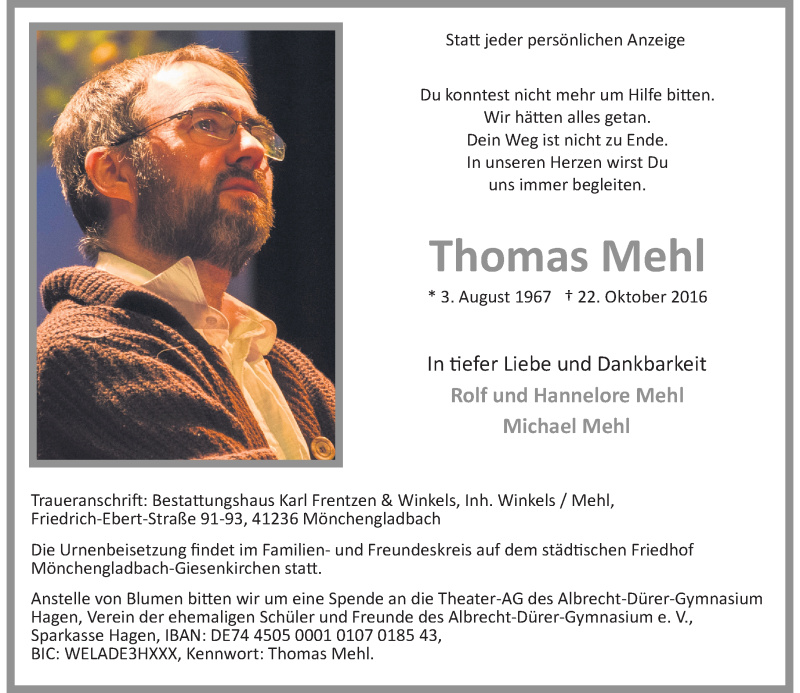  Traueranzeige für Thomas Mehl vom 05.11.2016 aus Rheinische Post