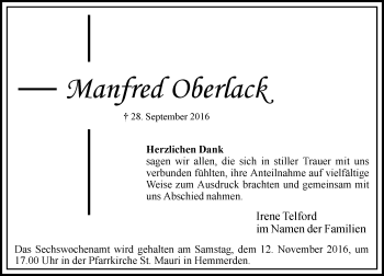 Traueranzeige von Manfred Oberlack von Rheinische Post