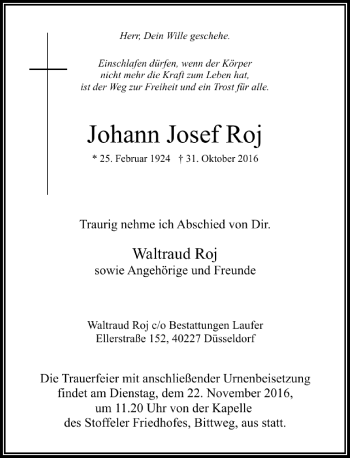 Traueranzeige von Johann Josef Roj von Rheinische Post