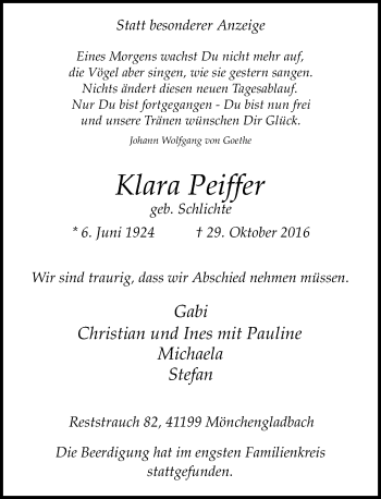 Traueranzeige von Klara Peiffer von Rheinische Post