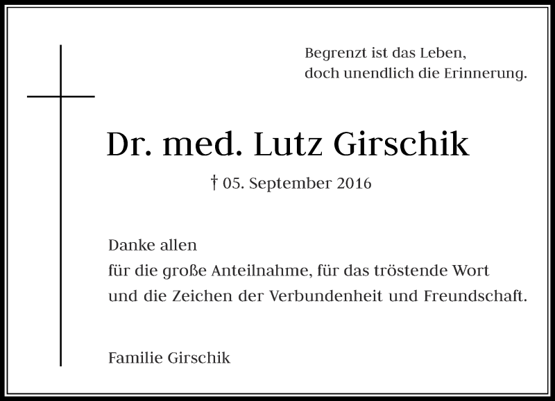  Traueranzeige für Lutz Girschik vom 26.11.2016 aus Rheinische Post