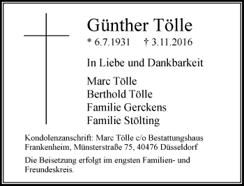 Traueranzeige von Günther Tölle von Rheinische Post