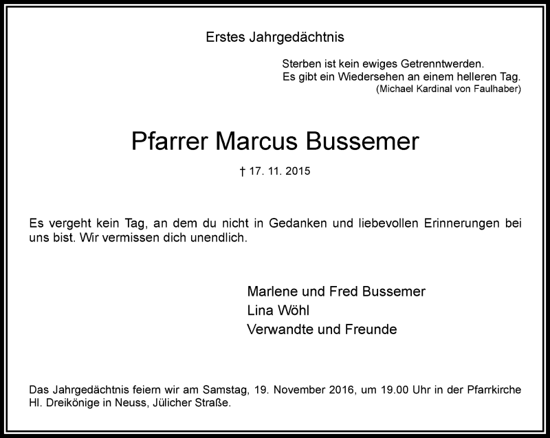 Traueranzeige für Marcus Bussemer vom 12.11.2016 aus Rheinische Post