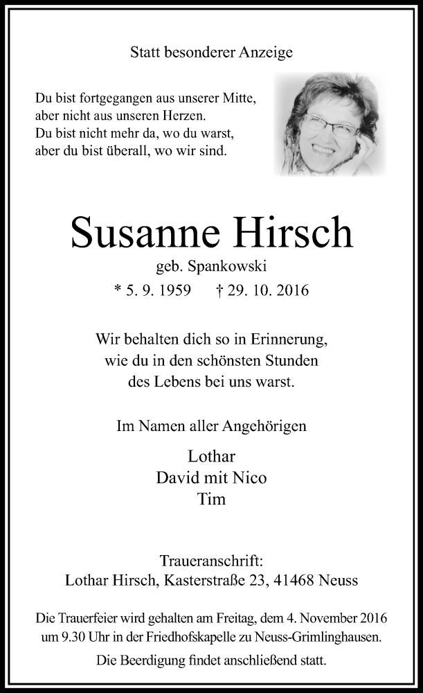  Traueranzeige für Susanne Hirsch vom 01.11.2016 aus Rheinische Post