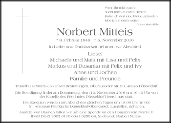 Traueranzeige von Norbert Mitteis von Rheinische Post