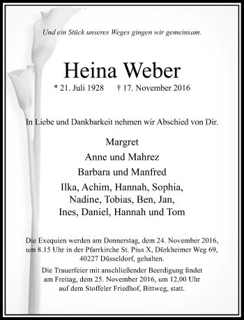 Traueranzeige von Heina Weber von Rheinische Post