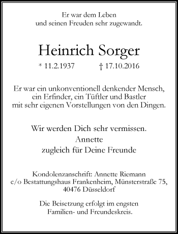 Traueranzeige von Heinrich Sorger von Rheinische Post