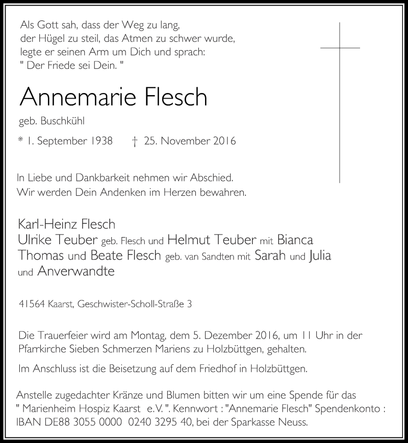  Traueranzeige für Annemarie Flesch vom 30.11.2016 aus Rheinische Post