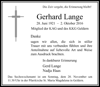 Traueranzeige von Gerhard Lange von Rheinische Post