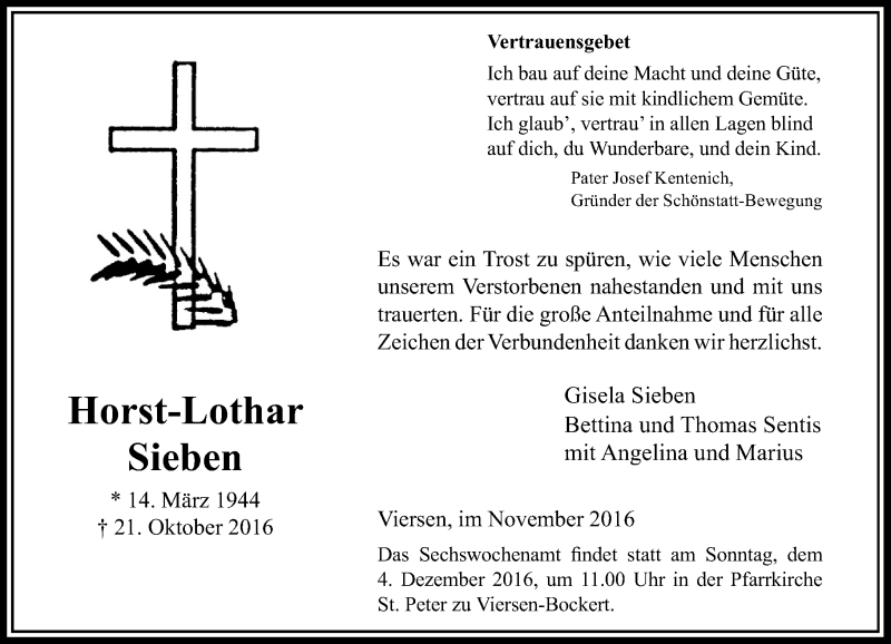  Traueranzeige für Horst-Lothar Sieben vom 26.11.2016 aus Rheinische Post