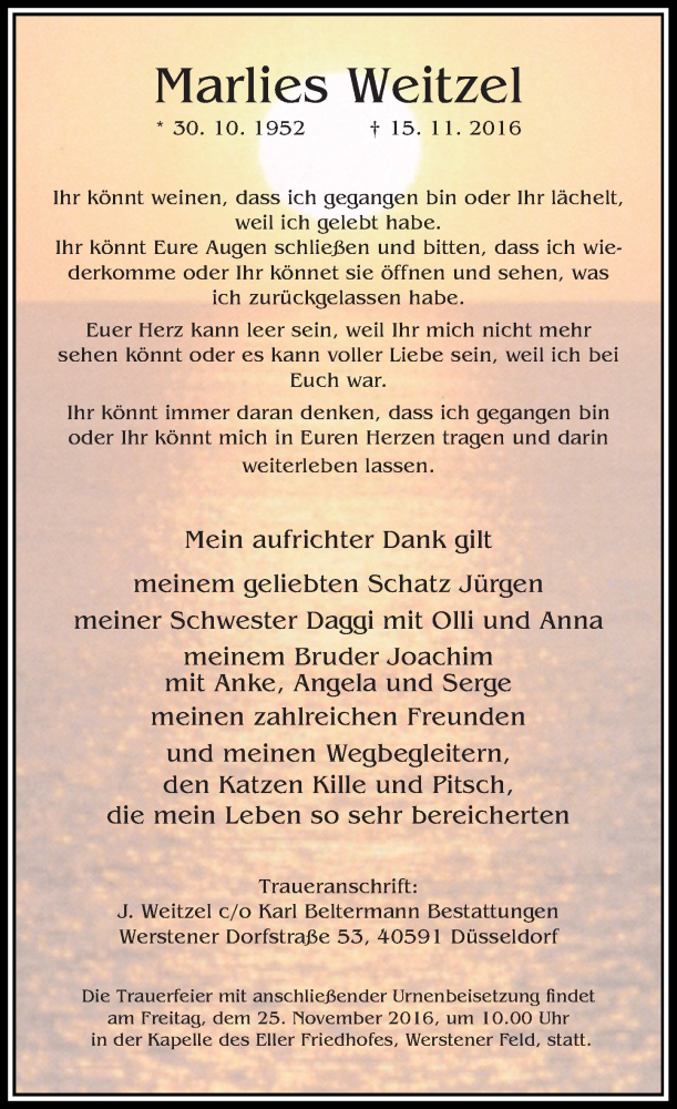 Traueranzeige für Marlies Weitzel vom 23.11.2016 aus Rheinische Post