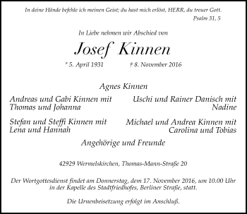 Traueranzeige von Josef Kinnen von Rheinische Post