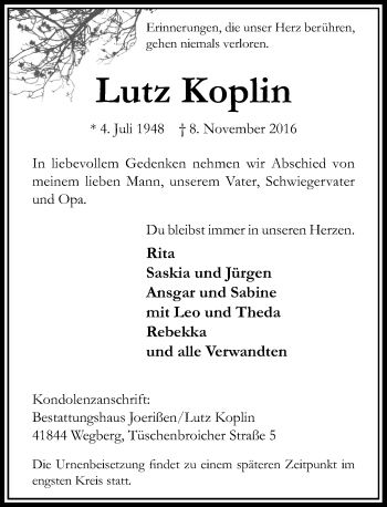 Traueranzeige von Lutz Koplin von Rheinische Post
