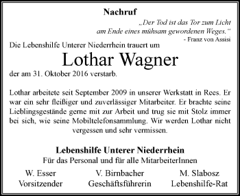 Traueranzeige von Lothar Wagner von Rheinische Post