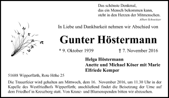 Traueranzeige von Gunter Höstermann von Rheinische Post