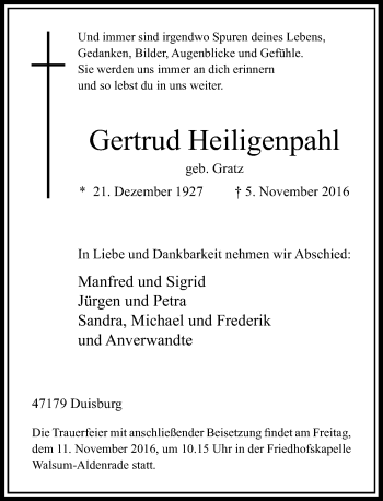 Traueranzeige von Gertrud Heiligenpahl von Rheinische Post